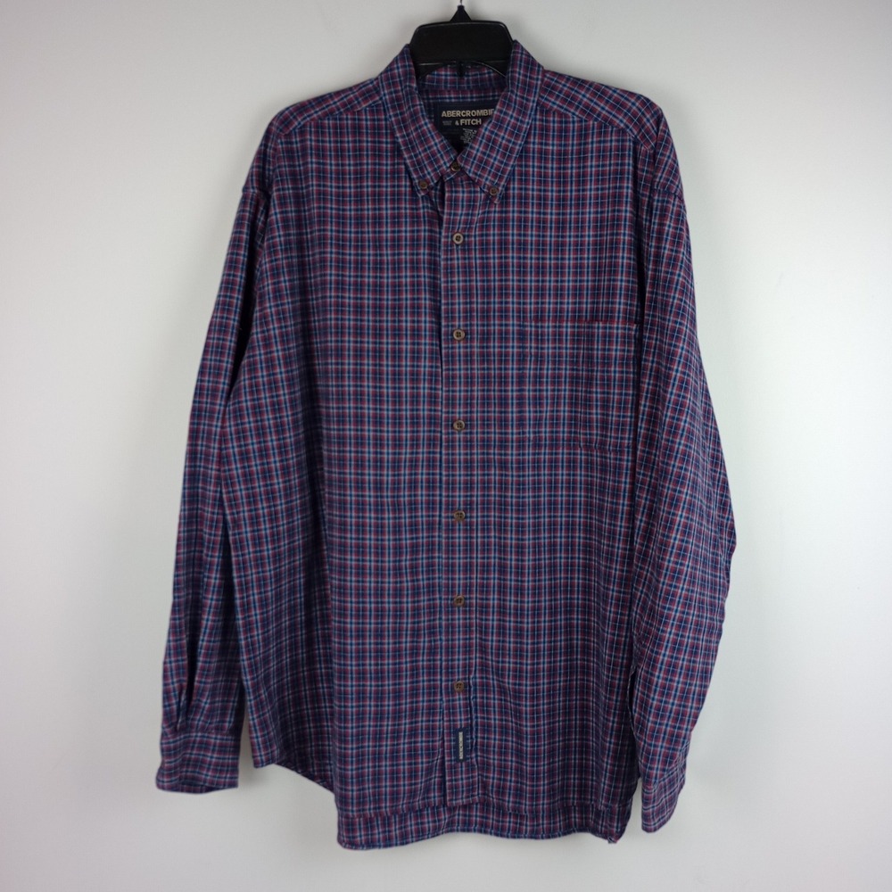 VTG Abercrombie & Fitch Mens L Blue Red Plaid Long Sleeve Button Down Shirt